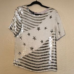 Authentic MODI 100% Pure Silk Vintage Sequin Stars & Stripes Top